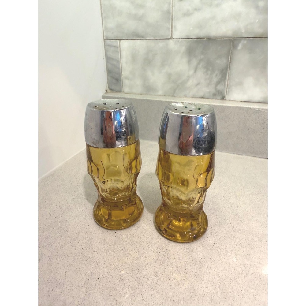 Vintage 70s Anchor Hocking Fairfield Amber Glass Salt and Pepper Chrome MCM